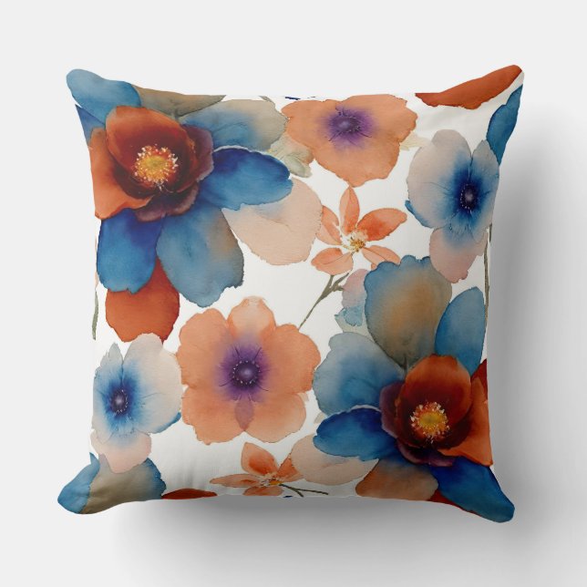 Blauwe, rode en oranje bloemen kussen (Voorkant)