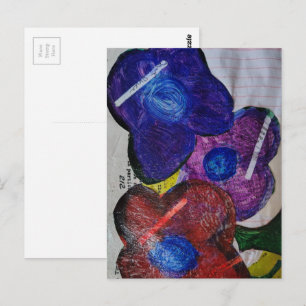 Blauwe Rode en Paarse Bloemen Mixed Media Collage Briefkaart