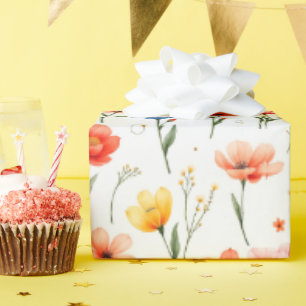 Blauwe Rode en Roze Bloemen Cadeaupapier