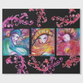 BLAUWE, RODE, GELE CARNAVALSMASKERS MET BLOEMENWER CADEAUPAPIER (Vlak)