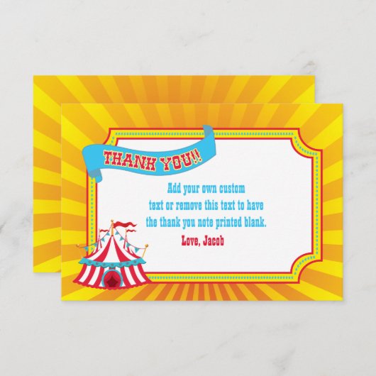Blauwe, rode, gele circustent | Hartelijk dank Bedankkaart (Voorkant / Achterkant)
