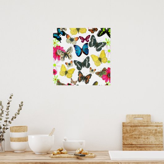  blauwe rode gele kleurige vlinders poster (Keuken)
