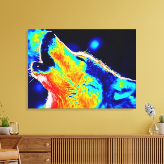 Blauwe rode gele Pop Art Wolf Wrapped Canvas (Insitu (Woonkamer))