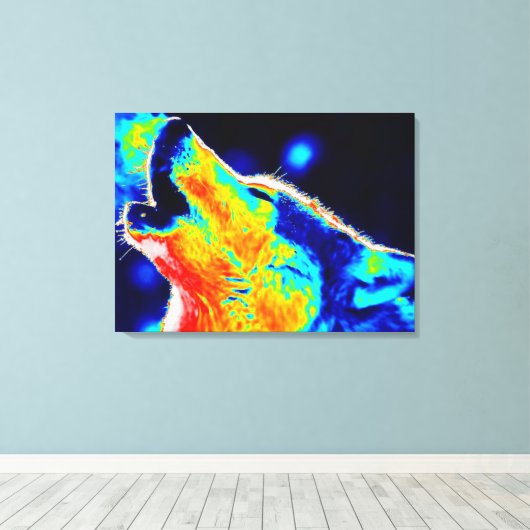 Blauwe rode gele Pop Art Wolf Wrapped Canvas Afdruk (Insitu (Houten vloer))