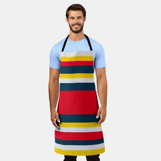 Blauwe rode gele strepen schort (Gedragen)