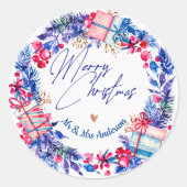 Blauwe rode kerstkrans ronde sticker (Voorkant)