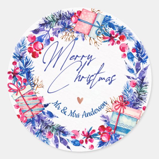 Blauwe rode kerstkrans ronde sticker (Voorkant)