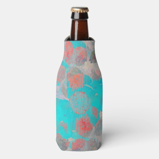 Blauwe rode kunst van romantisch bloempatroon / bl flesjeskoeler (Fles Voorkant)
