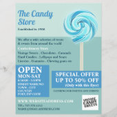 Blauwe rode lipop, snoepgoed flyer (Voorkant)