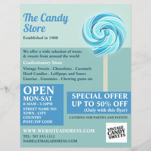 Blauwe rode lipop, snoepgoed flyer (Voorkant)