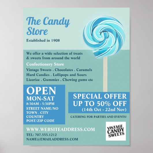 Blauwe rode lipop, snoepgoed poster (Voorkant)