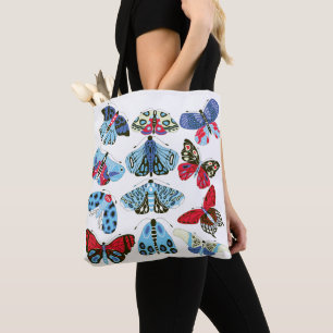 Blauwe rode mot en vlinder tote bag