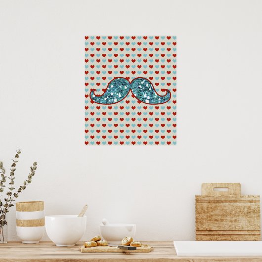 BLAUWE RODE MUSTACHE EN WARMTEGLITTER POSTER (Keuken)