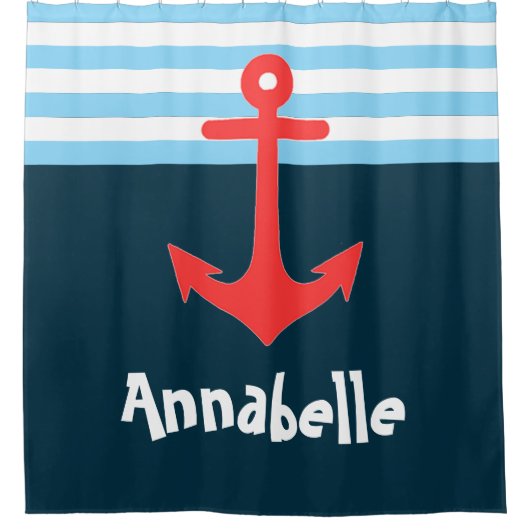 Blauwe rode Nautical Anchor Stripes Douchegordijn (Voorkant)