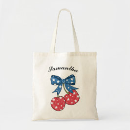 blauwe rode patriottische kersen met strik monogra tote bag