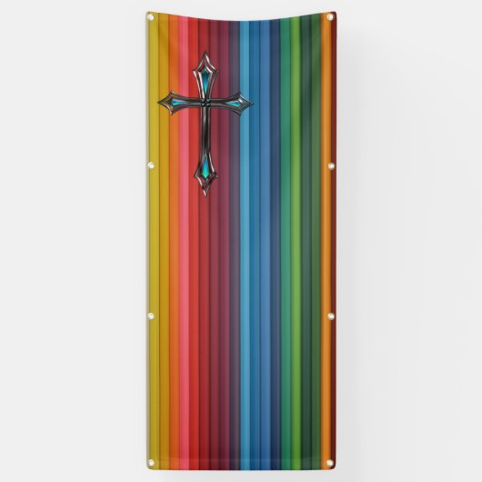 blauwe rode regenboogplank blanco kerk spandoek (Verticaal)