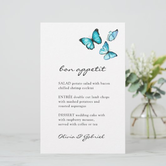 Blauwe rode vlinder Stijlvol trouwmenu (Staand voorkant)