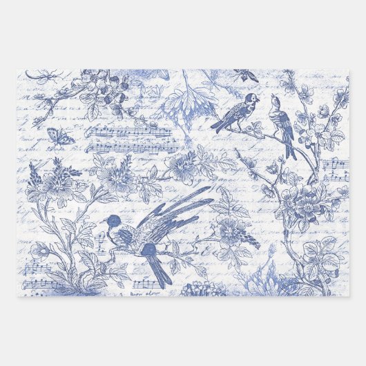  Blauwe Rode Vogels Bloemen Frans Script Inpakpapier Vel (Voorkant)