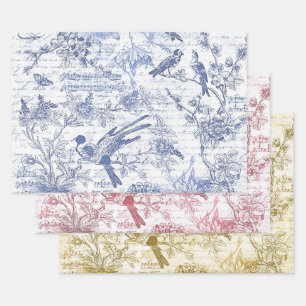  Blauwe Rode Vogels Bloemen Frans Script Inpakpapier Vel