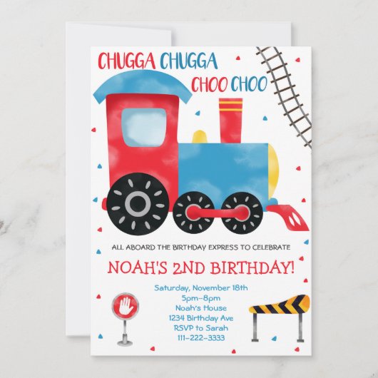 Blauwe Rode Waterverf Trein Verjaardagsuitnodiging Kaart (Voorkant)