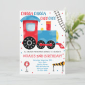 Blauwe Rode Waterverf Trein Verjaardagsuitnodiging Kaart (Staand voorkant)