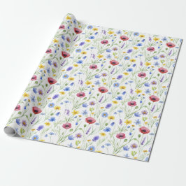 Blauwe Rode Waterverf Wilde Bloem Cadeaupapier
