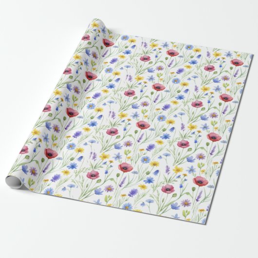 Blauwe Rode Waterverf Wilde Bloem Cadeaupapier (Uitgerold)