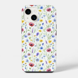 Blauwe Rode Waterverf Wilde Bloem iPhone 14 Hoesje