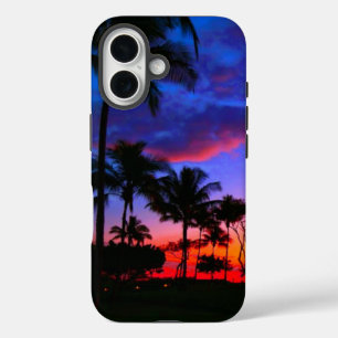 Blauwe Rode Zonnezon Exotische Hawaiian Beach Palm iPhone 16 Hoesje