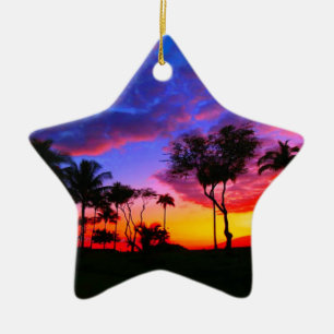 Blauwe Rode Zonnezon Exotische Hawaiian Beach Palm Keramisch Ornament