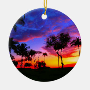 Blauwe Rode Zonnezon Exotische Hawaiian Beach Palm Keramisch Ornament