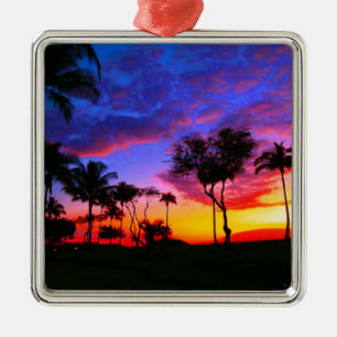 Blauwe Rode Zonnezon Exotische Hawaiian Beach Palm Metalen Ornament