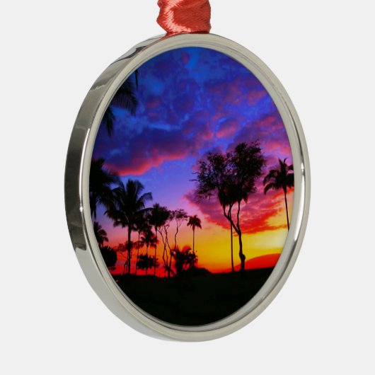 Blauwe Rode Zonnezon Exotische Hawaiian Beach Palm Metalen Ornament (Rechts)