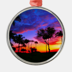 Blauwe Rode Zonnezon Exotische Hawaiian Beach Palm Metalen Ornament