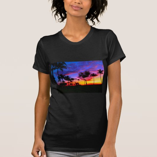 Blauwe Rode Zonnezon Exotische Hawaiian Beach Palm T-shirt (Voorkant)