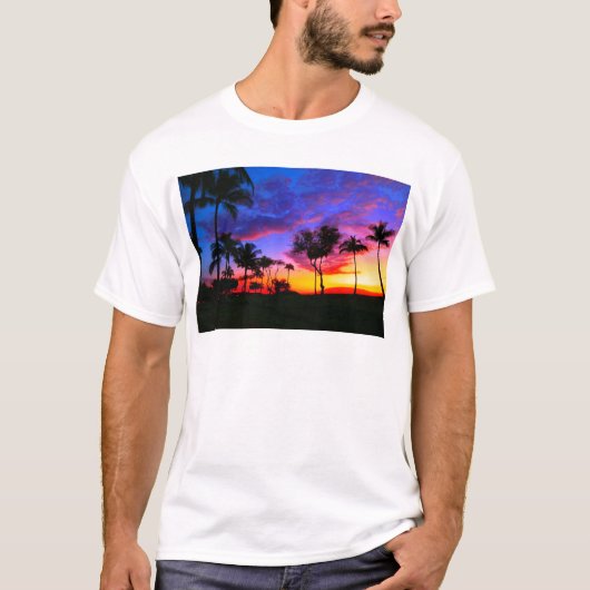 Blauwe Rode Zonnezon Exotische Hawaiian Beach Palm T-shirt (Voorkant)