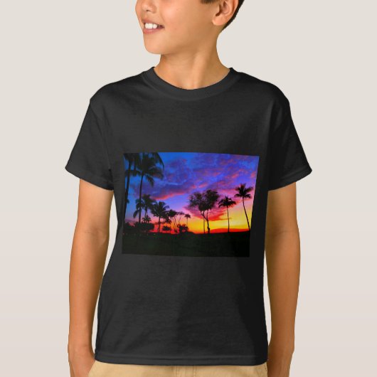 Blauwe Rode Zonnezon Exotische Hawaiian Beach Palm T-shirt (Voorkant)
