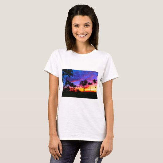 Blauwe Rode Zonnezon Exotische Hawaiian Beach Palm T-shirt (Voorkant volledig)
