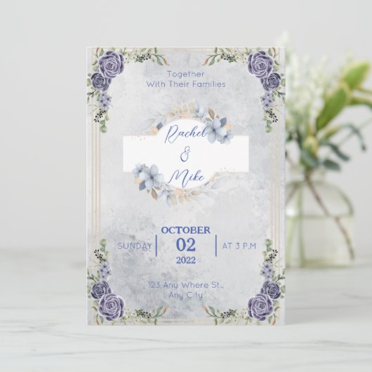 Blauwe Romantische Bloemen Huwelijksuitnodiging Kaart (Staand voorkant)