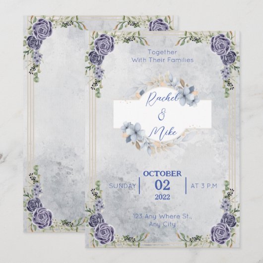 Blauwe Romantische Bloemen Huwelijksuitnodiging Kaart (Voorkant / Achterkant)