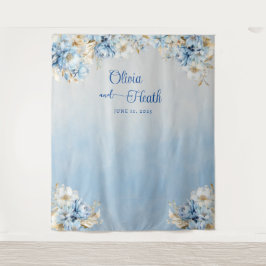 Blauwe Romantische Bloemen met Goud Wandkleed