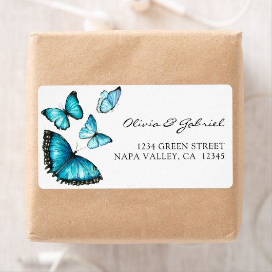 Blauwe romantische vlinders. Adres van de bruiloft Etiket (Insitu)