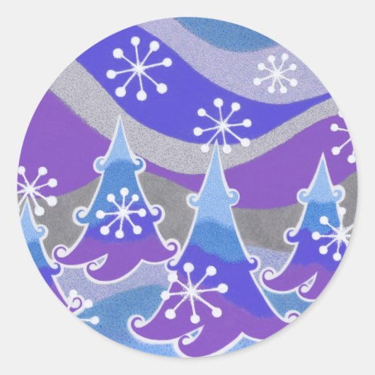 Blauwe rondsticker van winterbomen ronde sticker (Voorkant)