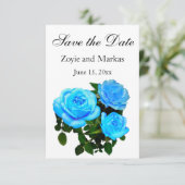 Blauwe roos blauwe bloemen save the date (Staand voorkant)