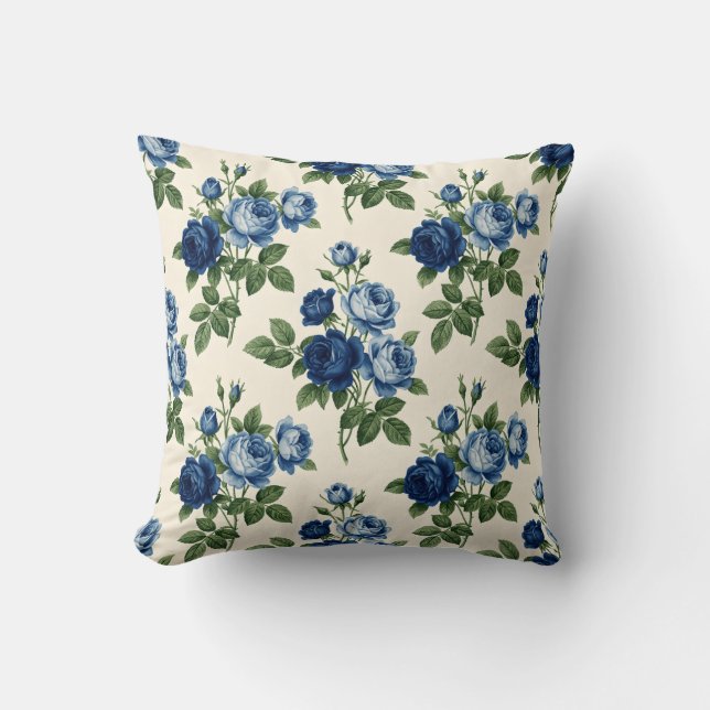 Blauwe Roos Bloempatroon Kussen (Voorkant)