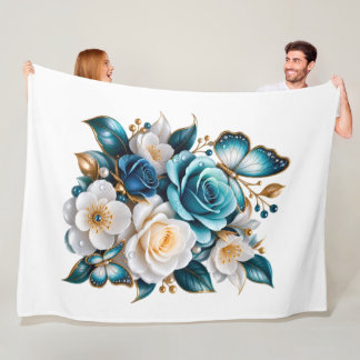 Blauwe Roos en Vlinder Bloem Dekbed van Fleece Deken