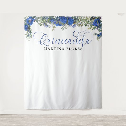 Blauwe Roos Eucalyptus Elegante Quinceanera Achter Wandkleed (Voorkant)