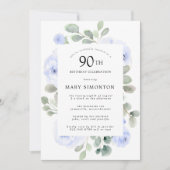 Blauwe Roos Floral Eucalyptus 90th Birthday Party Kaart (Voorkant)
