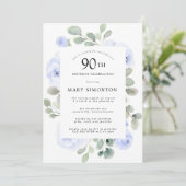 Blauwe Roos Floral Eucalyptus 90th Birthday Party Kaart (Staand voorkant)