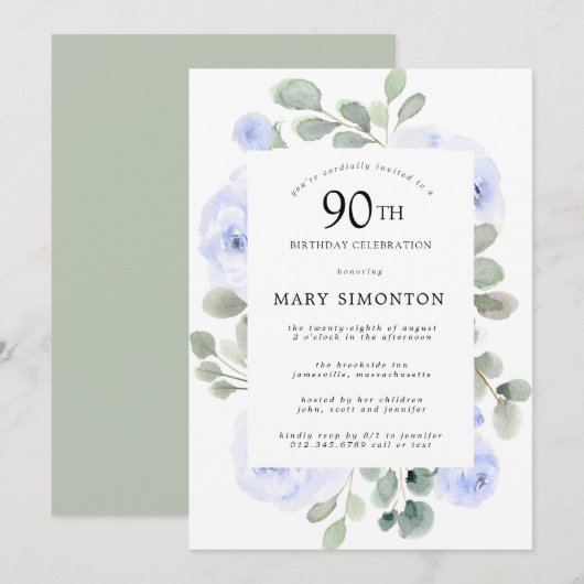 Blauwe Roos Floral Eucalyptus 90th Birthday Party Kaart (Voorkant / Achterkant)